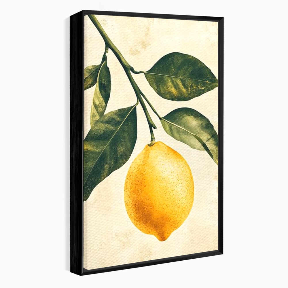Tablou canvas cu ilustratie botanica cu lamaie si frunze, in rama de aluminiu negru
